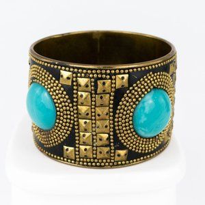 Vintage Cuff Bracelet Wide Large Black Brass Stud Turquoise Glass Cabochon India